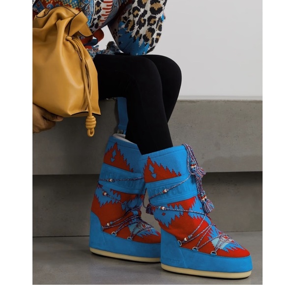 NEW ALANUI X MOON BOOT Icon Knit Jacquard Red Azure Wool Boots Size 8-9.5 - Picture 1 of 16